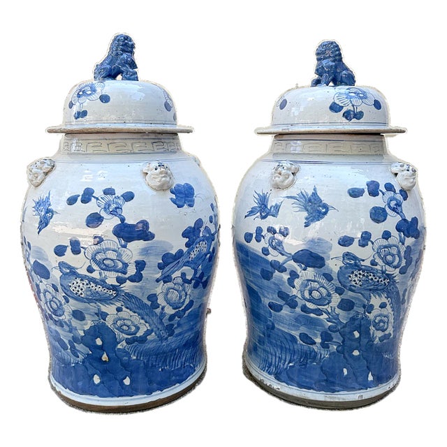 Extra Large Flowers and Birds Chinoiserie Pottery Ginger / Temple Jars - A Pair For Sale