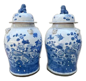 Extra Large Flowers and Birds Chinoiserie Pottery Ginger / Temple Jars - A Pair