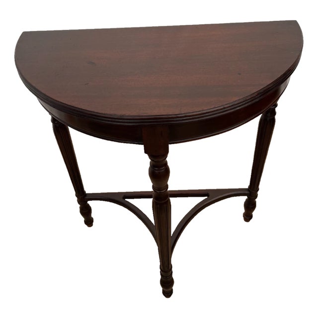 Antique Demilune Console Table Italian Fluted Legs Petite Size Solid Mahogany For Sale