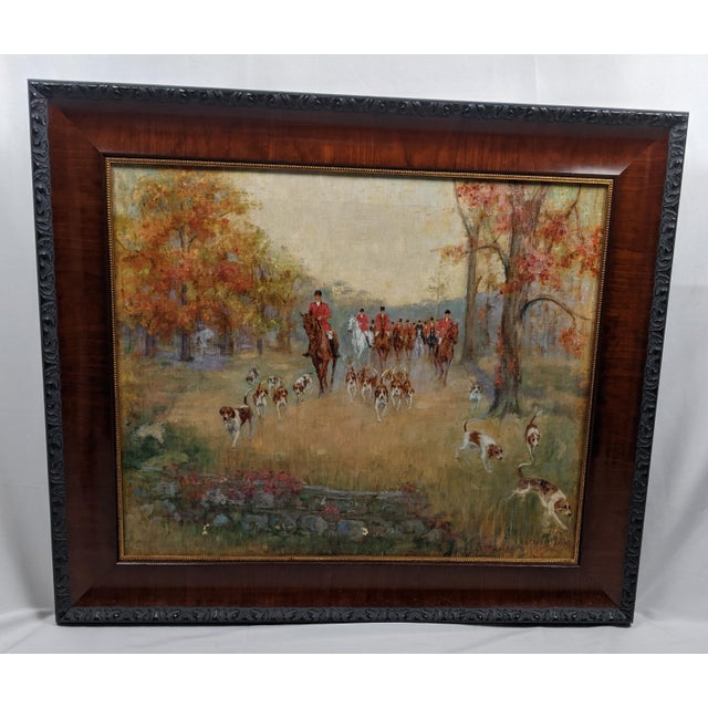 Orange Mid 20th Century V. Scoville Wing Original Equestrian Hunt Oil Painting, Red Coats, Autumn Golds, Ralph Lauren Style For Sale - Image 8 of 18