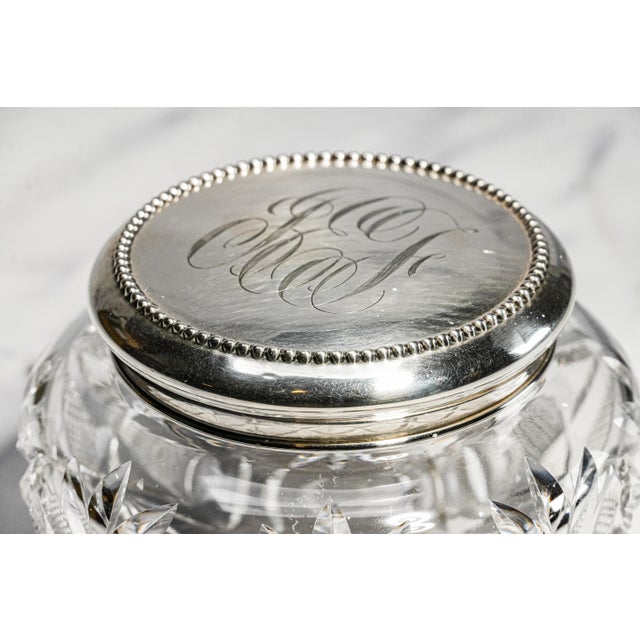 Traditional Brilliant Antique Cut Crystal Powder Jar Sterling Silver Lid Edwardian Vanity Jewelry Box Luxury Home Decor For Sale - Image 3 of 15