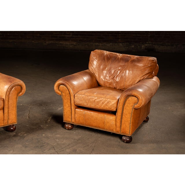 Camel Late 20th Century Pair of Rolled Arm Leather Club-Style Armchairs in Camel For Sale - Image 8 of 12