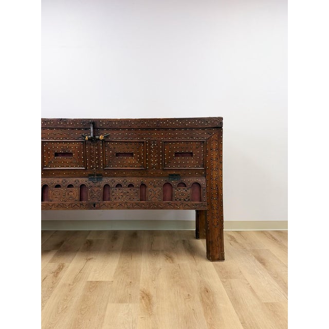 Gothic Antique Indian Dowry Chest 19th Century Brass Studs Iron Medieval Style Console For Sale - Image 3 of 12