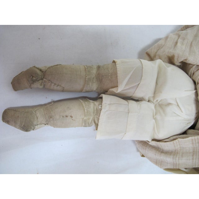 Antique German Colonial China Head Leather & Bisque Blonde Hair Blue Eye Doll For Sale - Image 10 of 12