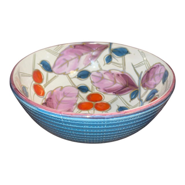 1966 Aldo Londi for Bitossi Hand-Painted Turquoise Bowl With Red & Violet Berry Motif For Sale In Chicago - Image 6 of 10