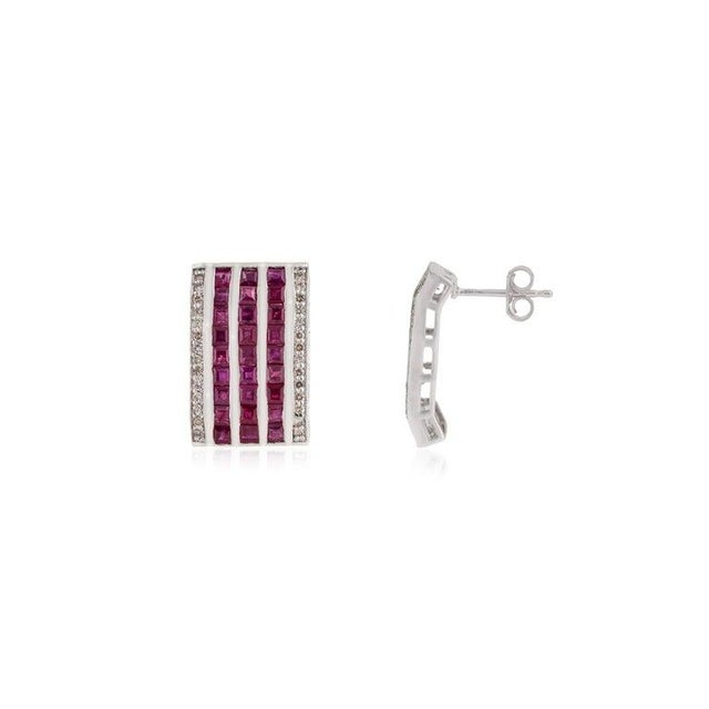 Art Deco Art Deco Style Multi-Row Square Ruby Diamond Panel Silver Stud Earrings- A Pair For Sale - Image 3 of 11
