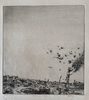Robert A. Birmelin, The Burning Tower, American Modernist Abstract Landscape Etching