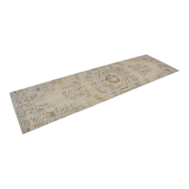 Vintage Hand-Knotted Turkish Runner, Detailed Cream and Yellow Anatolian Rug For Sale
