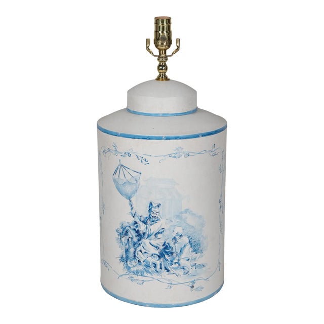 White A Pair Vintage English Export Tea Caddy Hand-Painted Chinoiserie Figurines Table Lamp For Sale - Image 8 of 10