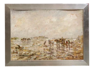 German Artist, Impressionist Landscape with Figures, Painting, Framed