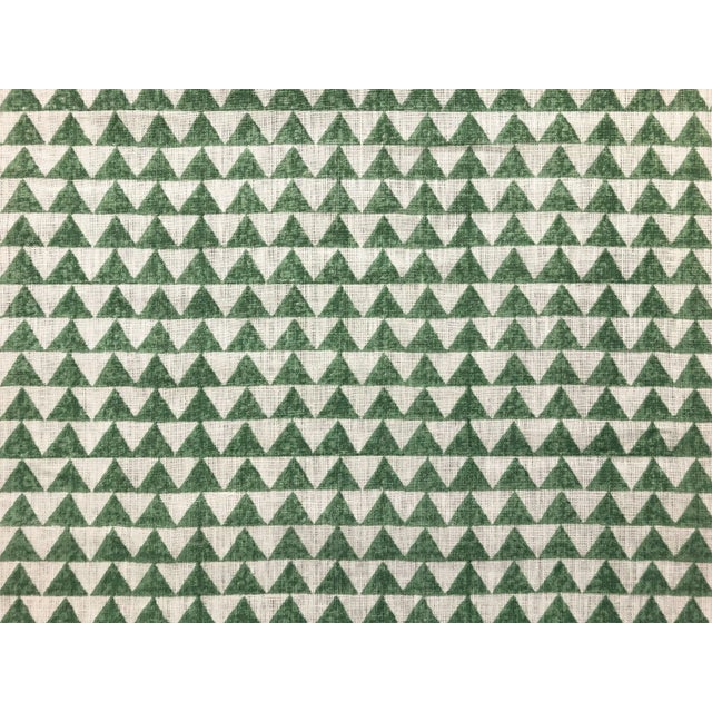 54" wide designer pyramids block printed linen geometric fabric in green and off white. Price is per yard.