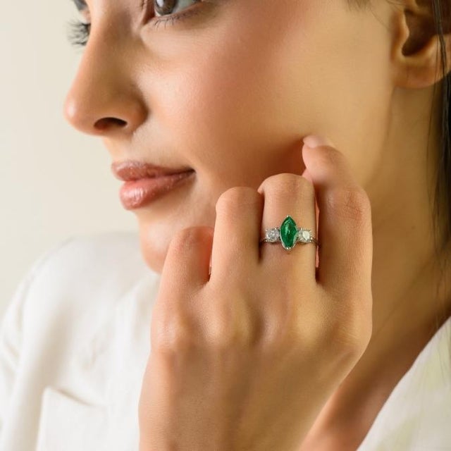 Natural Marquise Emerald & Diamond Three-Stone Engagement Ring Size 5.5 in 18k Gold For Sale In New York - Image 6 of 14
