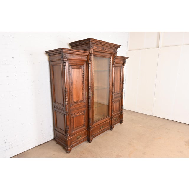 Herter Brothers Herter Brothers Style Monumental Antique Eastlake Victorian Carved Walnut and Burl Wood Triple Bookcase Cabinet For Sale - Image 4 of 13