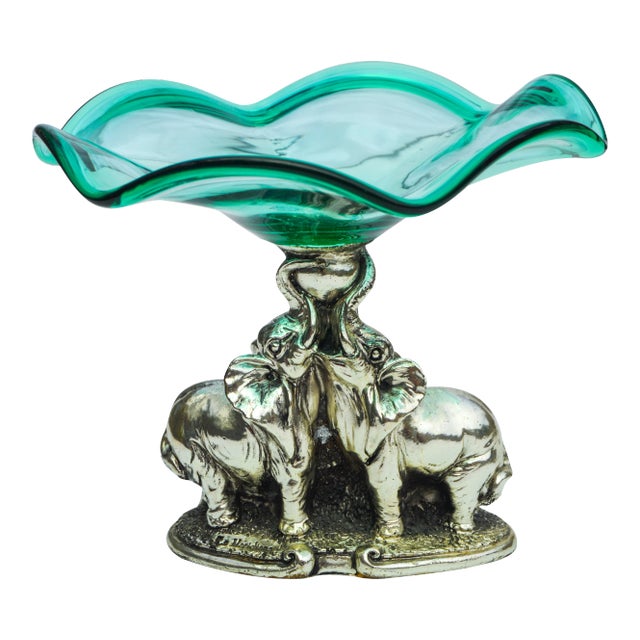 Mid 20th Century Crystal Centerpiece With Silver-Tone Elephants For Sale