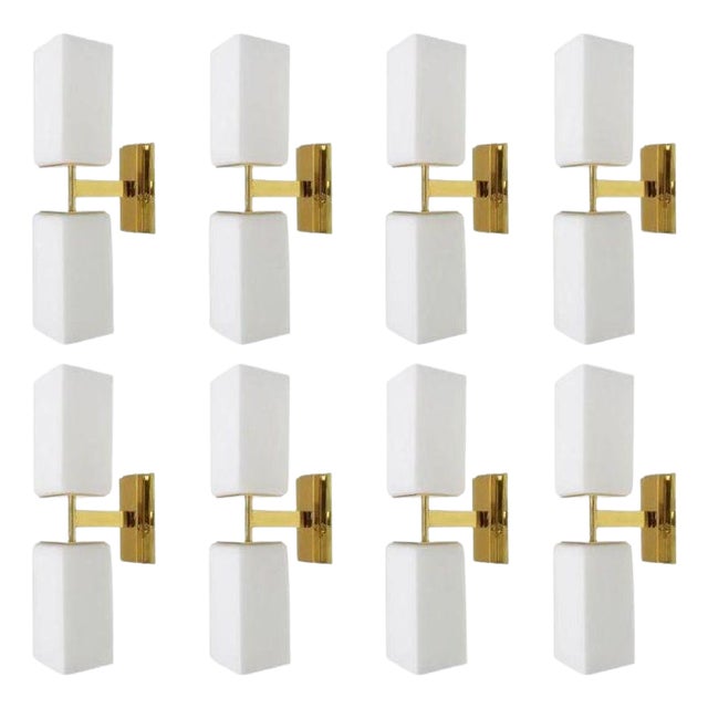 1990s Modern Frosted White Murano Glass & Brass Sconces - Set of Eight For Sale