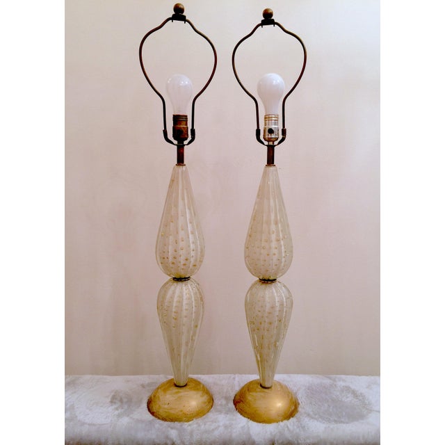 Vintage Mid Century Murano Venetian White & Gold Glass Lamps- a Pair For Sale - Image 10 of 10