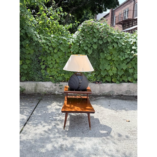 Post-Modern Ceramic Lamp with Cream Tampered Cone Shade. Unmarked. In style of Art Deco. Bold art-deco inspired lamp....