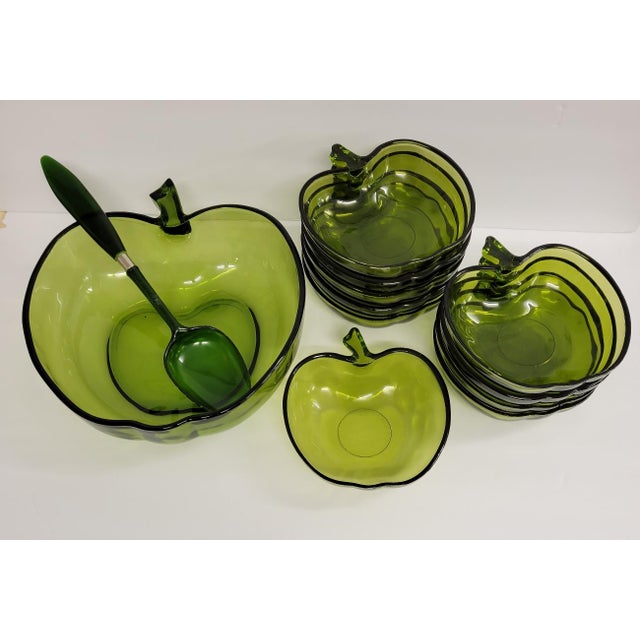 Vintage Green Glass Apple Shaped Fruit or Salad Bowl Set 14 Pieces