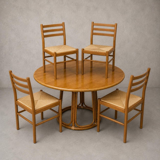 The combination of oak, bamboo, beech and woven rattan gives the set a relaxed Mediterranean feel, sitting somewhere...