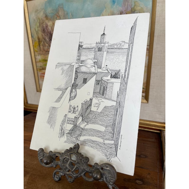 1970s Vintage 1971 Tunis Tunisia Architectural Ink Drawing by K. Winnenberg, Street Scene Artwork For Sale - Image 5 of 9