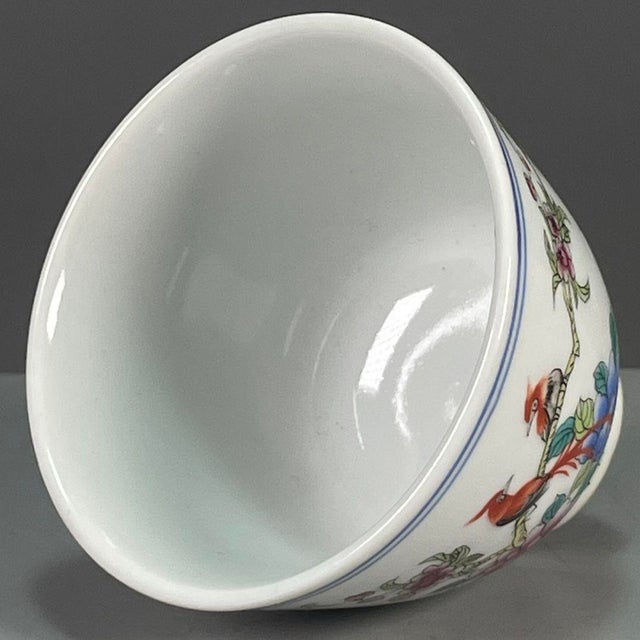 White Late 20th Century Chinese Famille Rose Porcelain Tea Cup With Bird & Floral Motif For Sale - Image 8 of 9