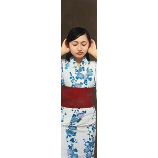 The Sound of Prayer by Kazuya Ushioda | Oil on Panel Portrait of a woman in traditional clothing. For Sale