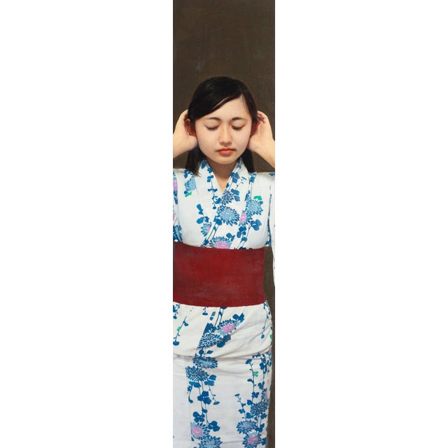 The Sound of Prayer by Kazuya Ushioda | Oil on Panel Portrait of a woman in traditional clothing. For Sale