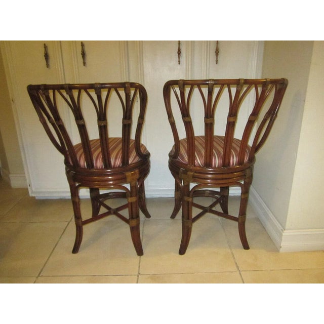 1980s 1980s Tommy Bahama Style Bamboo Rattan Upholstered Swivel Bar Stools- Set of 2 For Sale - Image 5 of 13
