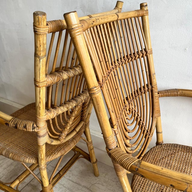 Tan Set of Bamboo Dining Chairs attributed to Adrien Audoux & Frida Minet, 1950s For Sale - Image 8 of 9