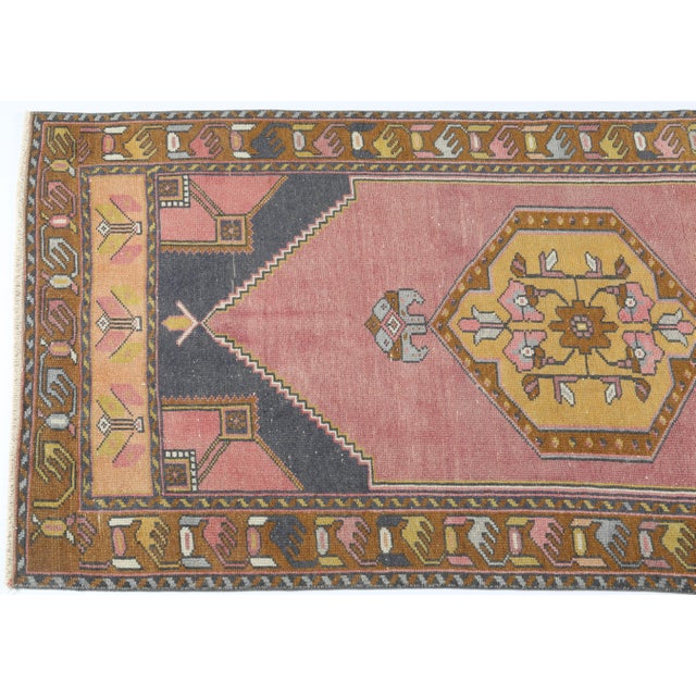 Mid-Century Modern Vintage Anatolian Geometric Medallion Rug - Handwoven Turkish Pink & Mustard Vintage Rug -3' X 6' For Sale - Image 3 of 11
