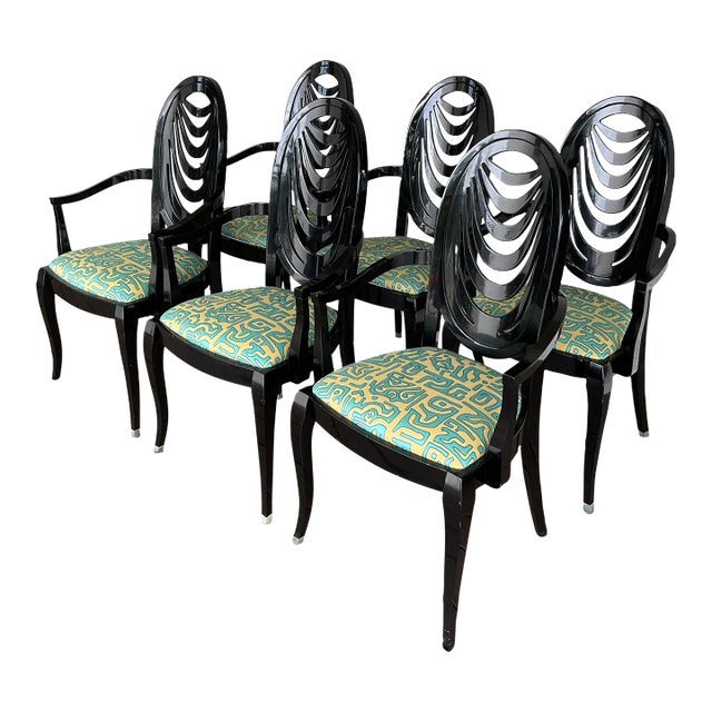 Vintage Pietro Constantini for Ello Black Lacquered Arm Chairs- Set of 6 For Sale