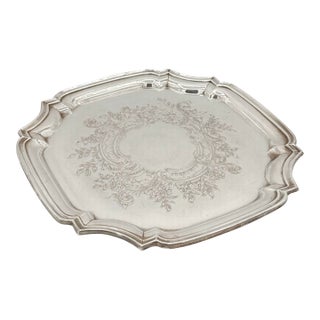 Vintage Lunt Silverplate Engraved Floral Scalloped Serving Tray For Sale