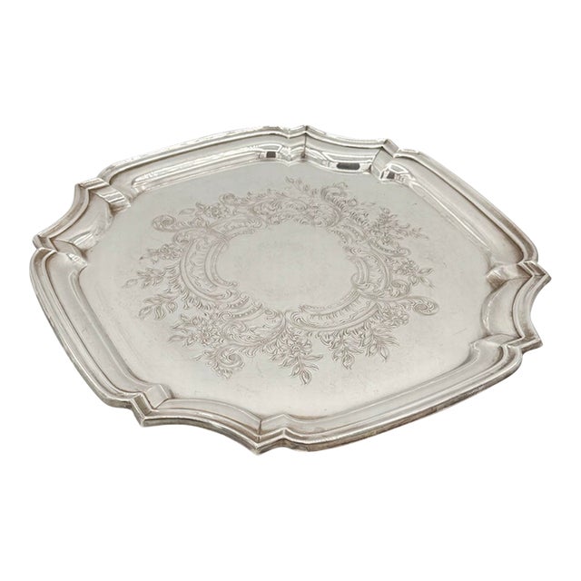 Vintage Lunt Silverplate Engraved Floral Scalloped Serving Tray For Sale