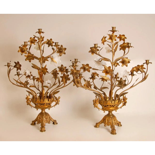 Antique French Candelabra Gold Bronze Brass Church Candelabra Opaline Glass Flowers For Sale - Image 6 of 11