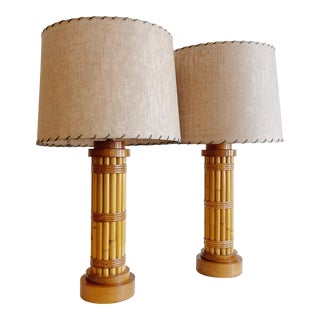 Pair of 1960s Bamboo + Rawhide Paul Frankl Style Rattan Lamps For Sale