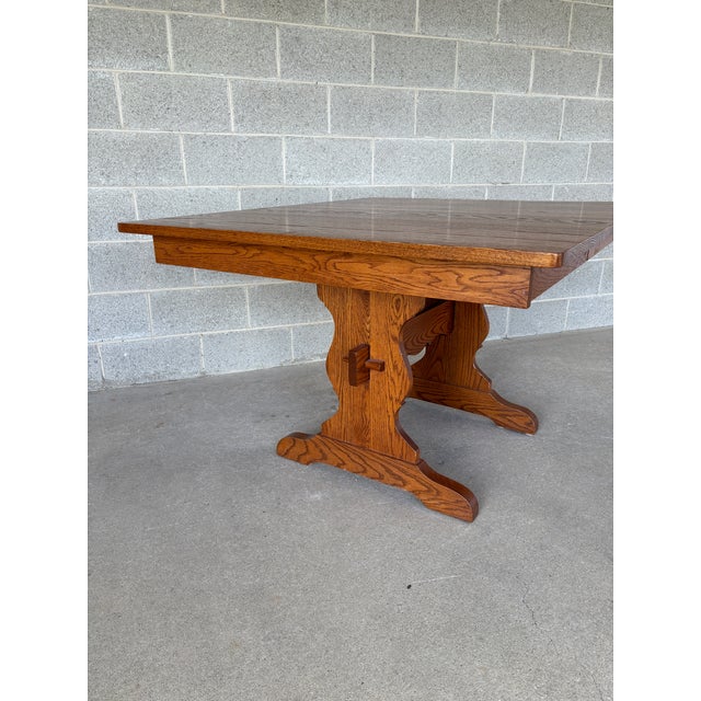 American Tom Seely Solid Oak Trestle Style Twin Leaf Extension Dining Table For Sale - Image 3 of 10