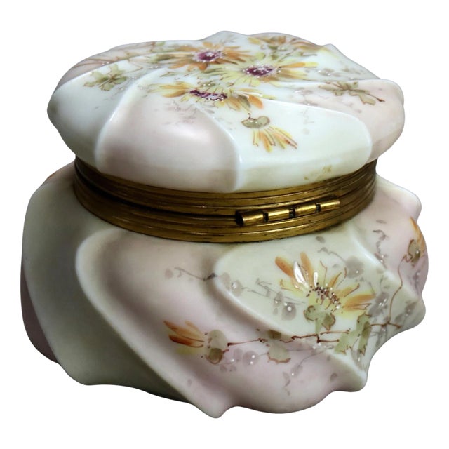 Antique Wavecrest Floral Hand Painted Glass Dresser Box with Wildflowers, 19th Century For Sale