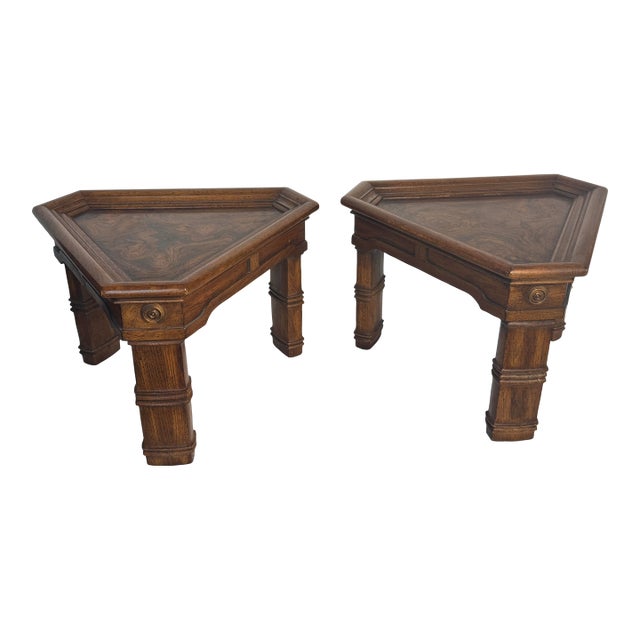 Pair of 1970’s Vintage Burr Walnut Veneer Triangular Side Tables For Sale