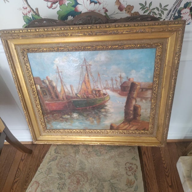 BORDES- NAUTICAL BOAT HARBOR PAINTING. Nautical Boat Harbor painting. Oil on Artist Board. Signed lower right. Bordes...