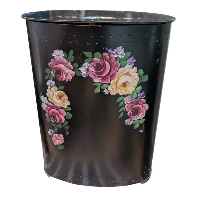 1950s Vintage Mid Century Modern Hand Painted Toleware Accent Hamper For Sale