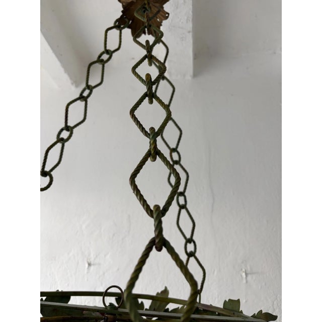 Big Vibrant Roses & Leaves Circular Tole Wrought Iron Chandelier, C 1930 Italy For Sale - Image 9 of 11