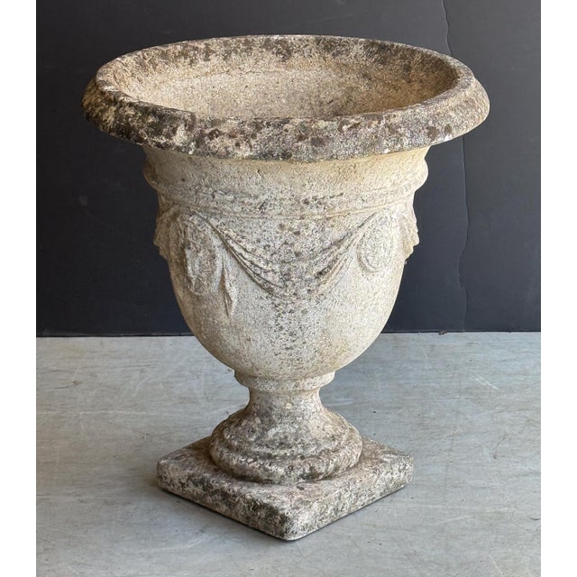 English Garden Stone Urn or Planter Pot With Garland Motif For Sale - Image 9 of 13