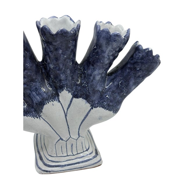 Vintage Five Finger Blue and White Tulip Vase Made in Portugal For Sale - Image 4 of 7