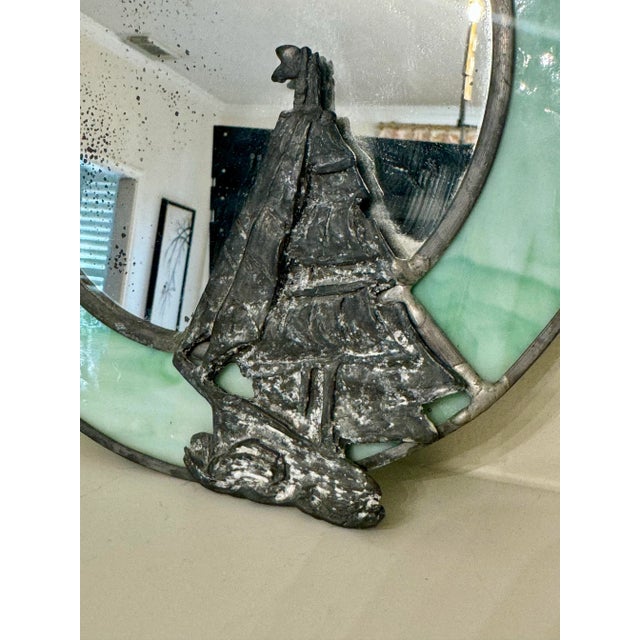 Mint Nautical Coastal Stained Glass & Pewter Finish Ship Wall Accent Mirror For Sale - Image 8 of 11