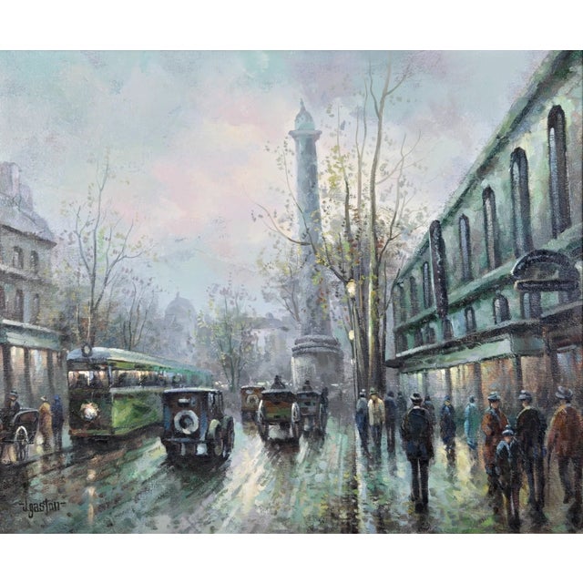 Impressionist 1970s J. Gaston Signed Painting of Paris Street Scene With Street Cars & Figures For Sale - Image 3 of 13