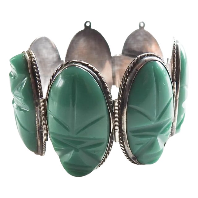 Mid 20th Century Carved Green Onyx and Sterling Silver Mexico Artisan Bracelet For Sale