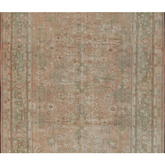 Classic All Over Design Antique Oushak Rug in Light Coral and Light Green For Sale - Image 4 of 12