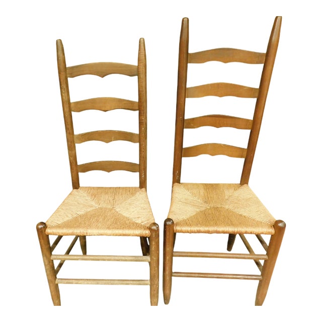 Early 20th Century Set of 2 Ladderback Chairs With Woven Seats For Sale