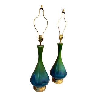 1950s Mid-Century Modern Royal Haeger Etruscan Blue + Green Lava Drip Glazed Ceramic Urn Shaped Table Lamps - a Pair For Sale