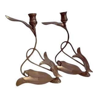 Circa 1980s Dolbi Cashier Brass Art Nouveau Leaf Candle Holders- A Pair For Sale